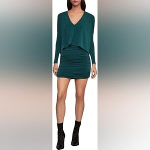 BCBGMAXAZRIA NWT Women's Bias Cut Layered Dress Green V-Neck Long Sleeves Size S